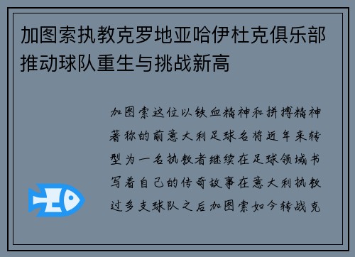 加图索执教克罗地亚哈伊杜克俱乐部推动球队重生与挑战新高