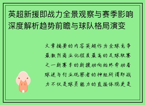 英超新援即战力全景观察与赛季影响深度解析趋势前瞻与球队格局演变