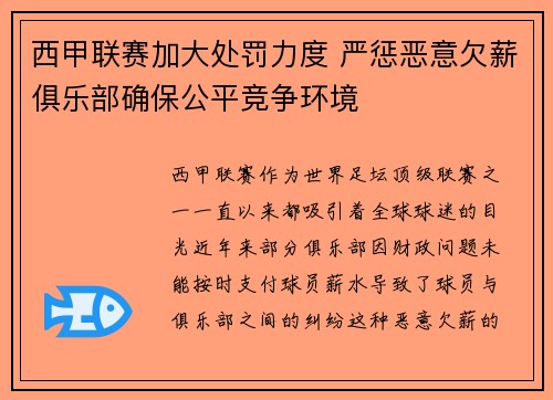 西甲联赛加大处罚力度 严惩恶意欠薪俱乐部确保公平竞争环境 西甲联赛加大处罚力度 严惩恶意欠薪俱乐部确保公平竞争环境